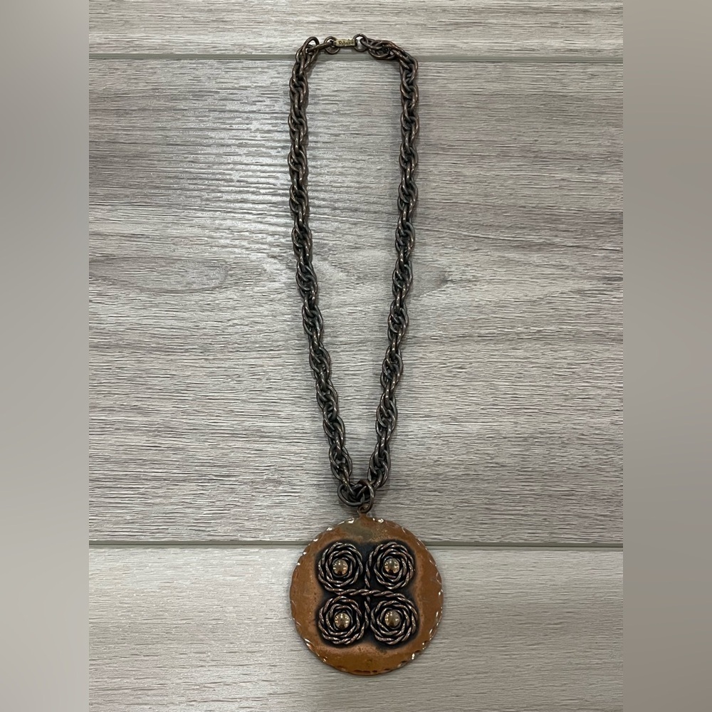 Womens Vintage MCM 1940s Rebajes Copper Necklace Round Medallion 2.5"